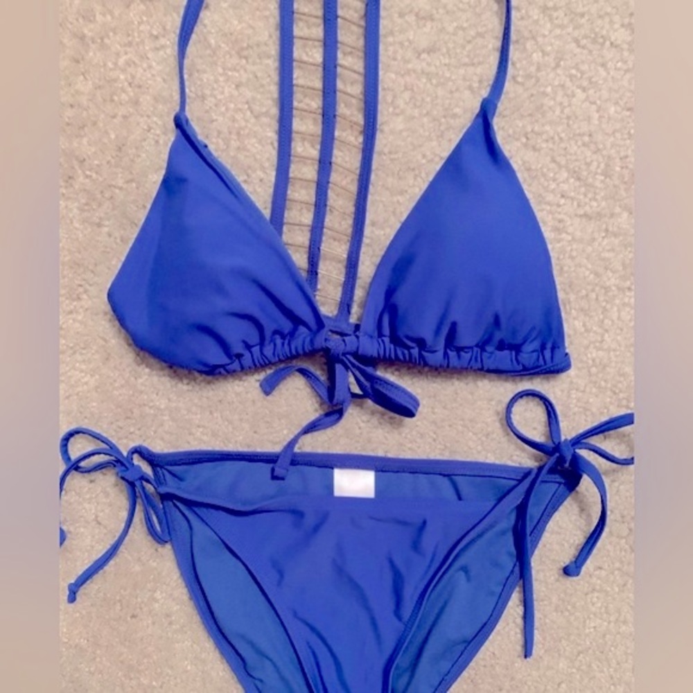 Ladder Back Tie Front Bikini Set Royal Blue with Gold Accents Size M